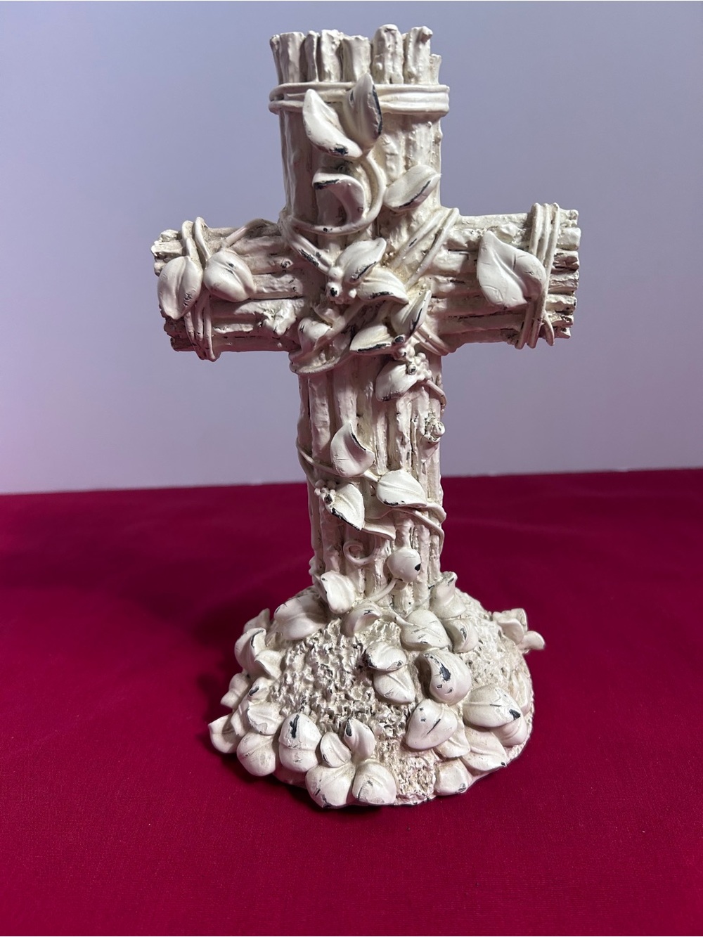 White Leaf-Embellished Cross Table Sculpture - Home Accent- weathered looking